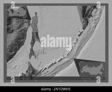 Sakhalin, region of Russia. Bilevel elevation map with lakes and rivers. Locations and names of major cities of the region. Corner auxiliary location Stock Photo