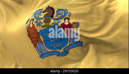 Close-up of the New Jersey state flag. Coat of arms on buff background. US state. Rippled fabric. Textured background. Realistic 3d illustration. Clos Stock Photo