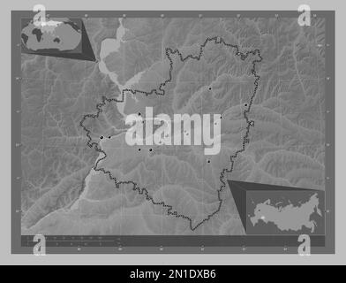 Samara, region of Russia. Grayscale elevation map with lakes and rivers. Locations of major cities of the region. Corner auxiliary location maps Stock Photo