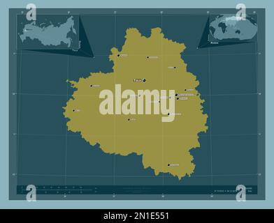 Tula, region of Russia. Solid color shape. Locations and names of major cities of the region. Corner auxiliary location maps Stock Photo
