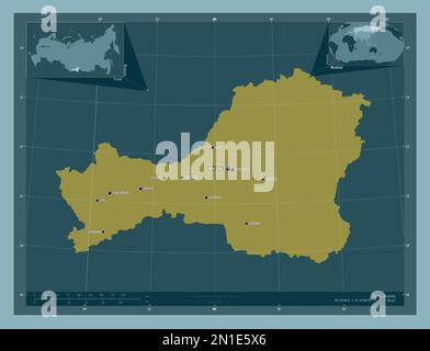 Tuva, republic of Russia. Solid color shape. Locations and names of major cities of the region. Corner auxiliary location maps Stock Photo