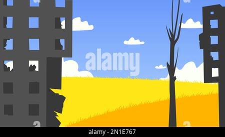 Destroyed buildings in front of a yellow field and blue sky. Vector illustration Stock Vector