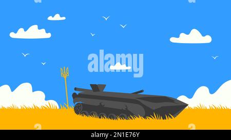 A destroyed tank in front of a yellow field and blue sky. Vector illustration Stock Vector