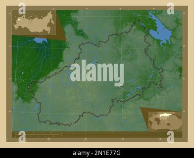 Tver', region of Russia. Colored elevation map with lakes and rivers. Locations of major cities of the region. Corner auxiliary location maps Stock Photo