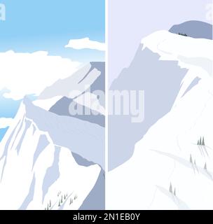 Daytime view of two vertical winter high mountains landscape. Stunning background for mobile app or graphics. Stock Vector