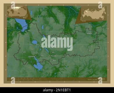 Vologda, region of Russia. Colored elevation map with lakes and rivers. Locations and names of major cities of the region. Corner auxiliary location m Stock Photo