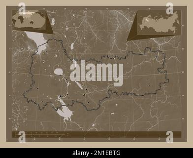 Vologda, region of Russia. Elevation map colored in sepia tones with lakes and rivers. Locations of major cities of the region. Corner auxiliary locat Stock Photo