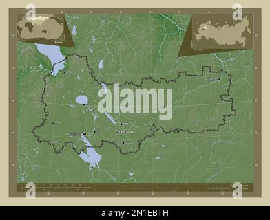 Vologda, region of Russia. Elevation map colored in wiki style with lakes and rivers. Locations and names of major cities of the region. Corner auxili Stock Photo