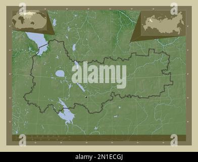 Vologda, region of Russia. Elevation map colored in wiki style with lakes and rivers. Corner auxiliary location maps Stock Photo