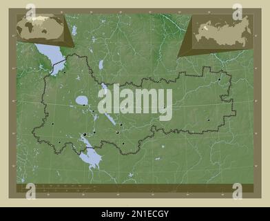 Vologda, region of Russia. Elevation map colored in wiki style with lakes and rivers. Locations of major cities of the region. Corner auxiliary locati Stock Photo