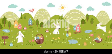 Cute Easter Egg hunt design, map for children, hand drawn with cute bunnies, eggs and decorations - great for invitations, banners, wallpapers - vecto Stock Vector