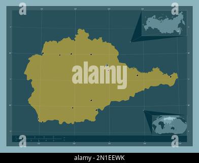 Yevrey, autonomous region of Russia. Solid color shape. Locations of major cities of the region. Corner auxiliary location maps Stock Photo