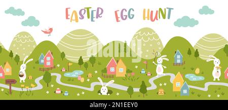 Cute Easter Egg hunt design, map for children, hand drawn with cute bunnies, eggs and decorations - great for invitations, banners, wallpapers - vecto Stock Vector