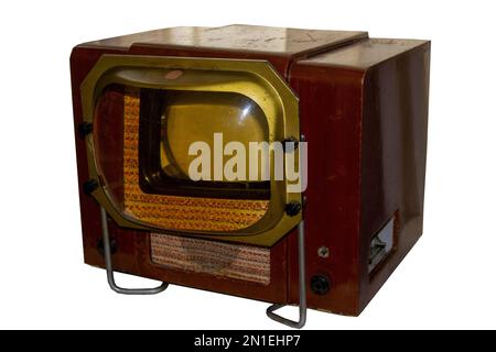 Classic Vintage Retro Style old television on isolated background. Soviet first TV with an attached magnifying glass. clipping path Stock Photo