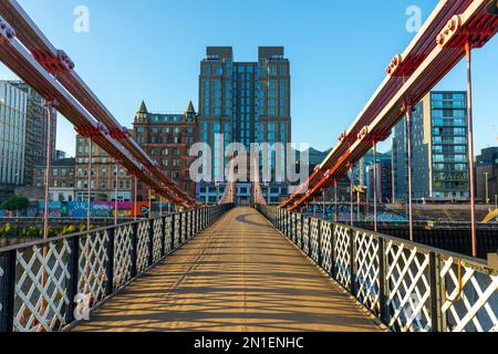 South Portland Street Suspension Bridge, River Clyde, Glasgow, Scotland, United Kindom, Europe Stock Photo