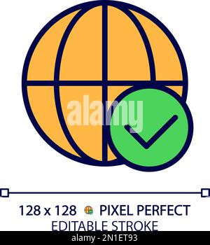 Globe with check mark pixel perfect RGB color icon Stock Vector