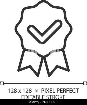 Award badge with check mark pixel perfect linear icon Stock Vector