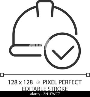 Hard hat with check mark pixel perfect linear icon Stock Vector