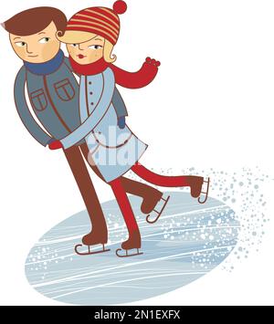 Happy couples skating on ice rink. Vector flat cartoon illustration of winter outdoor fun activities. Seasonal holiday Stock Vector