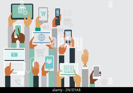 Human hands holding various smart devices copyspace design Stock Vector