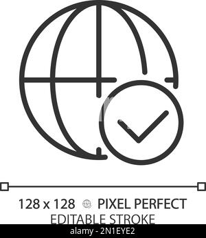 Globe with check mark pixel perfect linear icon Stock Vector