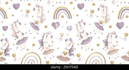 Seamless Pattern with cute cartoon baby unicorns, rainbow and hearts on white background. Perfect for textile, wallpaper or print design. Stock Vector