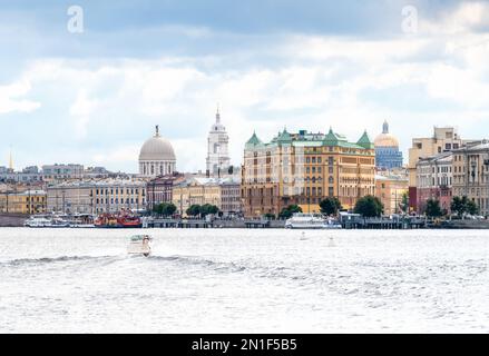 View towards Vasilyevsky Island (Vasilyevsky Ostrov) from Malaya Neva River, Saint Petersburg, Russia, Eurasia Stock Photo