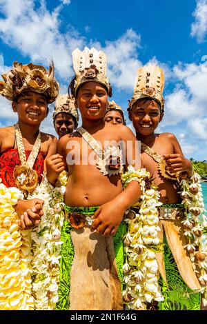 Young boys in traditional dress, Amaru, Tuamotu Islands, French Polynesia, South Pacific, Pacific Stock Photo