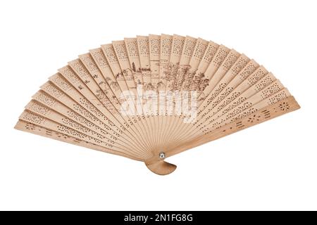 Wooden hand fan isolated on white background Stock Photo