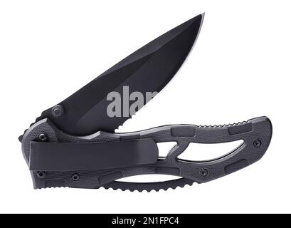 Blade partially open on a tactical folding knife with a pocket clip for carry Stock Photo
