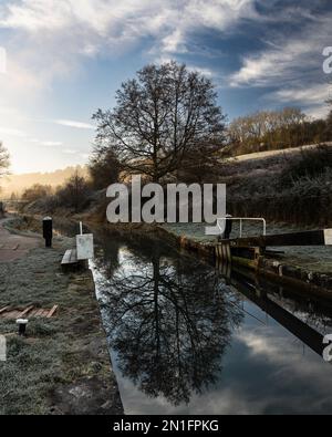 Griffin Mill Lock on a winter morning, near Stroud on the Thames and Severn Canal. Stock Photo