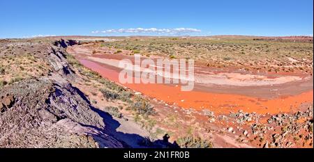 The red water of Lithodendron Wash, red from bentonite clay, in Petrified Forest National Park, Arizona, United States of America, North America Stock Photo