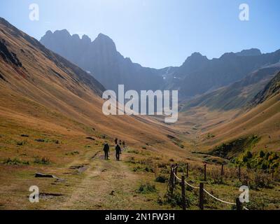 Hiking the Juta to Roshka trail via Chaukhi Pass, Stepantsminda, Kazbegi, Georgia (Sakartvelo), Central Asia, Asia Stock Photo