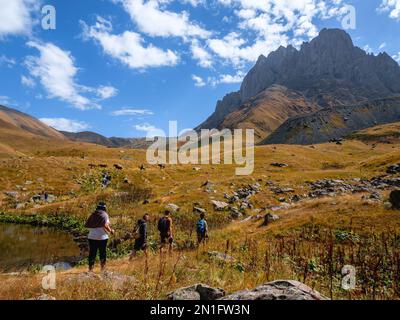 Hiking the Juta to Roshka trail via Chaukhi Pass, Stepantsminda, Kazbegi, Georgia (Sakartvelo), Central Asia, Asia Stock Photo