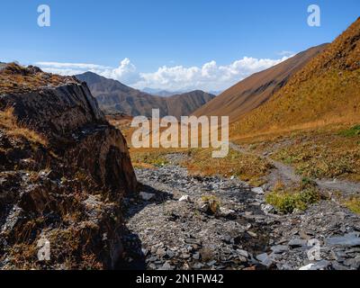 The Juta to Roshka trail via Chaukhi Pass, Stepantsminda, Kazbegi, Georgia (Sakartvelo), Central Asia, Asia Stock Photo