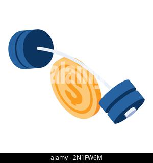 Flat 3d Isometric Dollar Coin lifting barbell. US Dollar Strengthens and Currency Appreciation Concept. Stock Vector