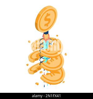 Flat 3d Isometric Dollar Coin Piercing Through other Currency. US Dollar Strengthens and Currency Appreciation Concept. Stock Vector