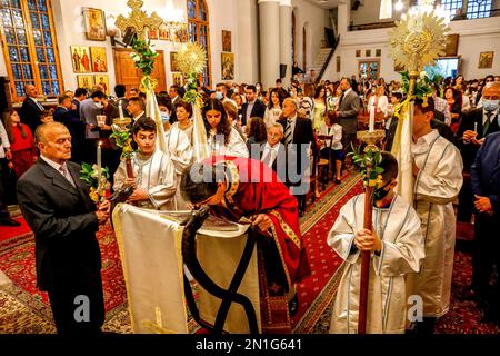 Easter Mass in Wadi El Chahrour El Suflah Orthodox Church, Lebanon, Middle East Stock Photo