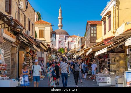 View of Mosque of Suleiman and shops on Soktratous, Old Rhodes Town, UNESCO World Heritage Site, Rhodes, Dodecanese, Greek Islands, Greece, Europe Stock Photo