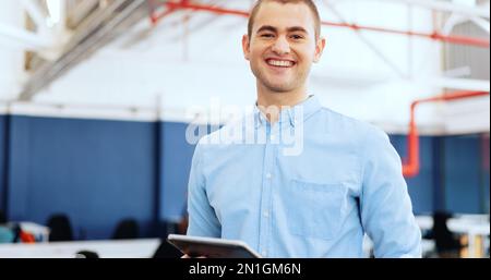 Businessman, face or digital tablet in coworking office on digital marketing schedule, web design app or advertising calendar. Portrait, smile or Stock Photo