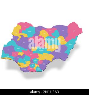 Nigeria political map of administrative divisions - states and federal capital territory. 3D colorful vector map with name labels. Stock Vector