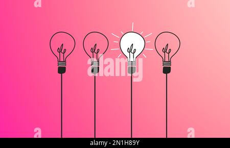 Set of light bulbs on pink gradient background. Modern vector light bulb icons. Concept of enterprising women standing out in a working group. Entrepr Stock Vector