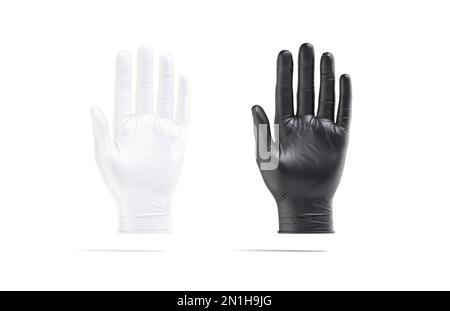 Blank black and white rubber gloves palm mockup, front view, 3d rendering. Empty latex or vinyl surgical glove for operation mock up, isolated. Clear Stock Photo