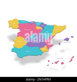 Spain political map of administrative divisions - autonomous communities and autonomous cities of Ceuta and Melilla. 3D colorful vector map with name labels. Stock Vector