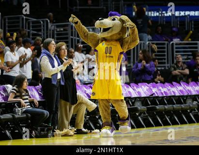 Sparky the Los Angeles Sparks Mascot during a timeout against the
