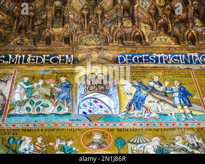 Byzantine mosaics depicting episodes from the book of Genesis -  the Palatine Chapel of the Norman Palace in Palermo - Sicily, Italy Stock Photo