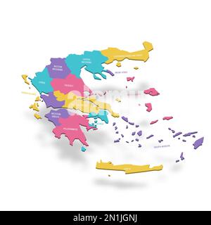 Greece political map of administrative divisions - decentralized administrations and autonomous monastic state of Mount Athos. 3D colorful vector map with name labels. Stock Vector