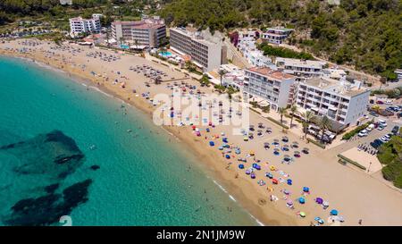 Picture dated July 14th shows the lucky holiday makers who have made it onto  the beach in Cala San Vicente,Ibiza,on Thursday morning.Many travellers Stock Photo