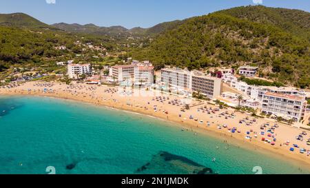 Picture dated July 14th shows the lucky holiday makers who have made it onto  the beach in Cala San Vicente,Ibiza,on Thursday morning.Many travellers Stock Photo