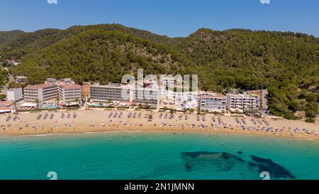 Picture dated July 14th shows the lucky holiday makers who have made it onto  the beach in Cala San Vicente,Ibiza,on Thursday morning.Many travellers Stock Photo